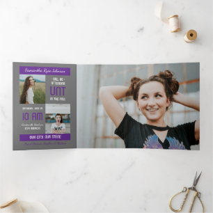 Purple Modern Block 5-Photo Graduation Tri-Fold Invitation