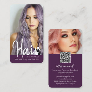 Purple Modern chic Hair Stylish QR code photo Business Card