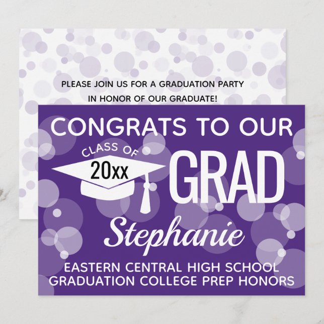 Purple Modern Confetti Bokeh Bubbles Graduation Invitation (Front/Back)