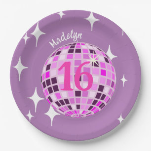Purple Modern Disco Mirror Ball 16th Birthday Paper Plate