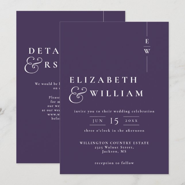 Purple Modern Elegant Monogram Wedding QR Code Invitation (Front/Back)