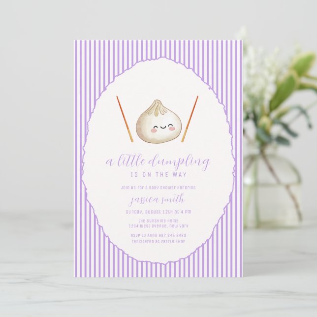 Purple Modern Girl Asian Dumpling Baby Shower  Invitation (Standing Front)