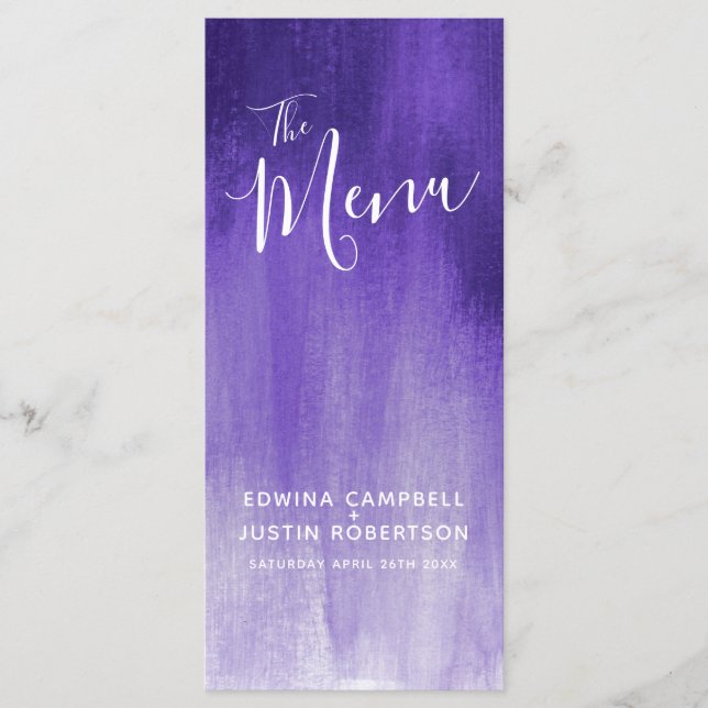 Purple modern graded art wedding menu rack pack (Front)