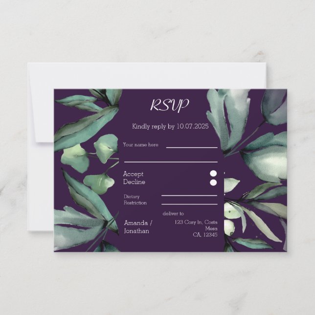 Purple Modern Greenery Custom RSVP Card (Front)