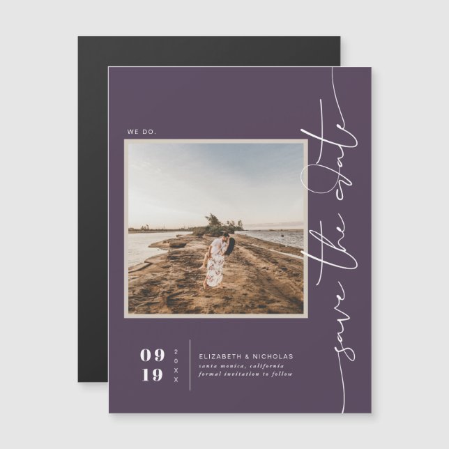 Purple | Modern Minimal Save the Date Photo Magnetic Invitation (Front/Back)