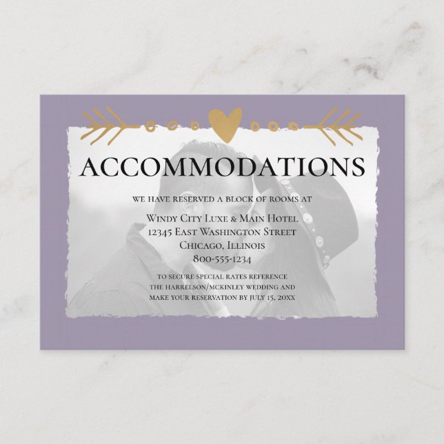 Purple Modern Photo Gold Hearts Accommodations Enclosure Card (Front)