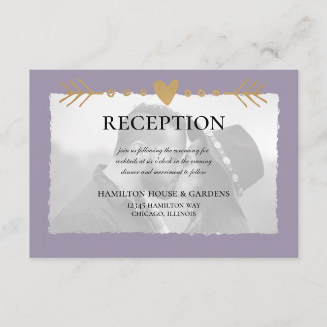 Purple Modern Photo Gold Hearts Reception Enclosure Card (Front)