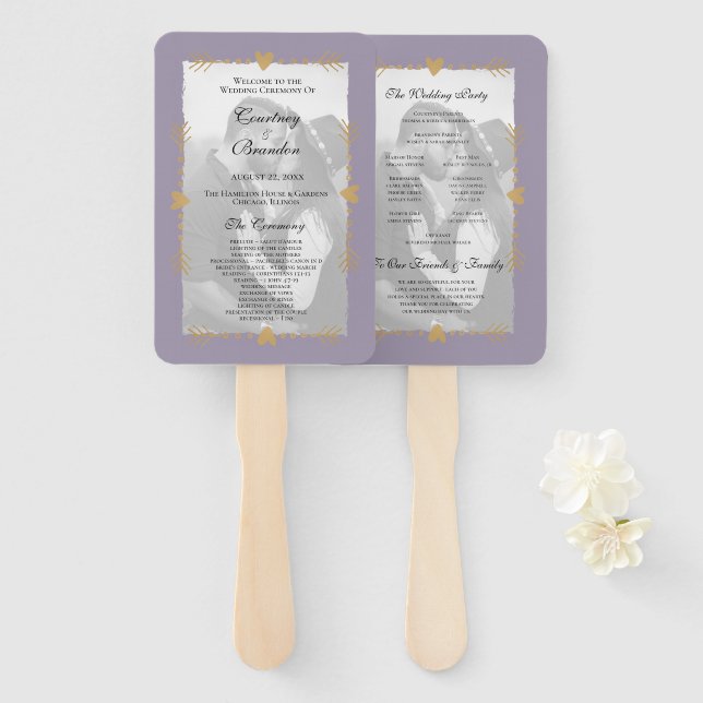 Purple Modern Photo Gold Hearts Wedding Program Hand Fan (Front and Back)