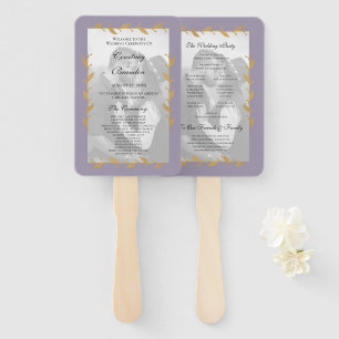 Purple Modern Photo Gold Leaves Wedding Program Hand Fan
