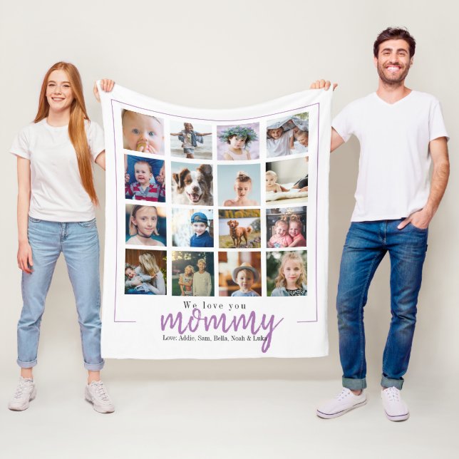 Purple modern script photo collage mom fleece blanket (In Situ)