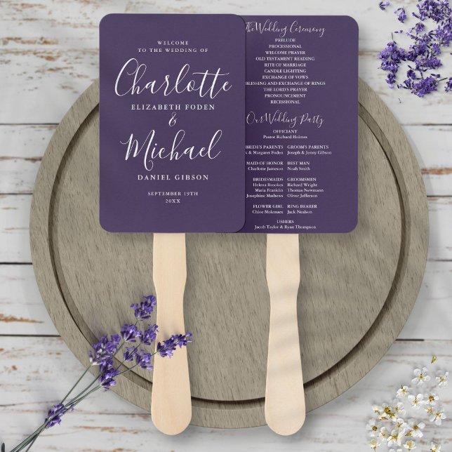 Purple Modern Script Wedding Program Hand Fan (Creator Uploaded)