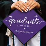 Purple Modern Simple Elegant Script Hearts Name Graduation Cap Topper<br><div class="desc">Your favourite grad will stand out and make a statement when they wear this graduation cap topper! Let them celebrate their milestone with this girly, stunning, simple, modern, custom graduation keepsake. A fun, playful visual of white script handwriting and cute, playful hearts, along with her name and class year, overlay...</div>