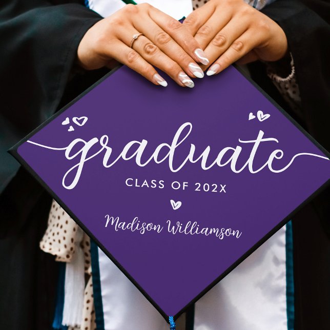 Purple Modern Simple Elegant Script Hearts Name Graduation Cap Topper (Creator Uploaded)