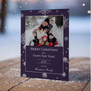 Purple Modern Snowflakes Flat Holiday Photo Card