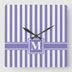 Purple Modern Stripe with Monogram Square Wall Clock
