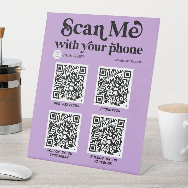 Purple modern typography QR code scannable Pedestal Sign (In SItu)