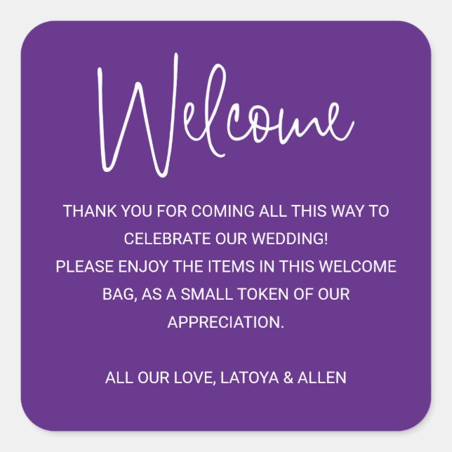 Purple Modern Wedding Welcome Gift Bag Basket Square Sticker (Front)