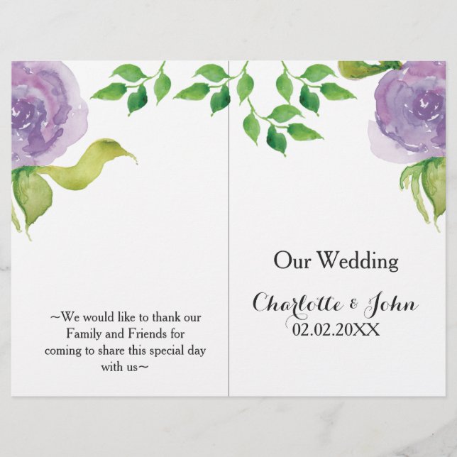 Purple Moderne aquarelle programme de mariage flor (Devant)