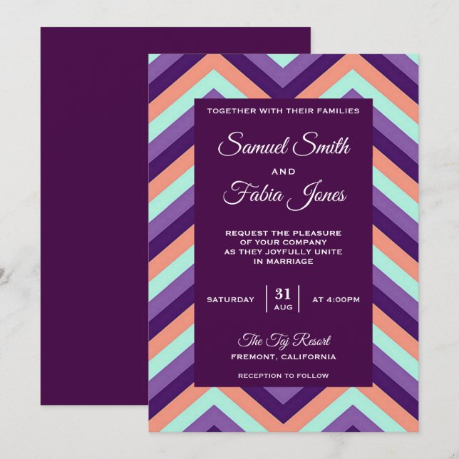 Purple moderne et corail Faire-part de mariage Che (Devant / Derrière)