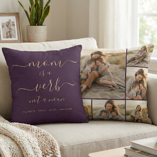 Purple Mom Is a Verb Family Photo Mum Keepsake Throw Pillow