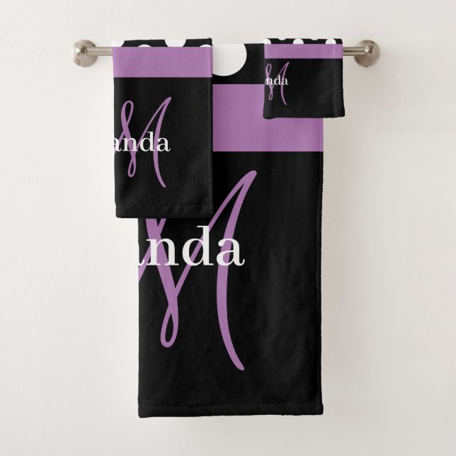 Purple Monogram Black White Polka Dot Bath Towel Set (Insitu)