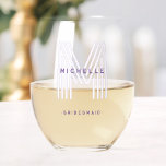 Purple Monogram Bridesmaid Wedding Bachelorette Stemless Wine Glass<br><div class="desc">Purple name monogram wine glass with pale lilac initial and name in black text.  Customize it to suit your occasion.  Sleek,  classy,  minimalist look.  Default text for a bride's bridesmaids.  Grab a whole set for everyone in your wedding party.</div>