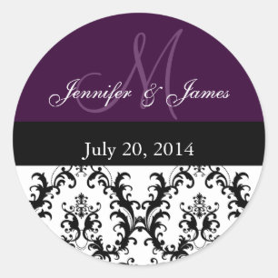 Purple Monogram Damask for Weddings Stickers
