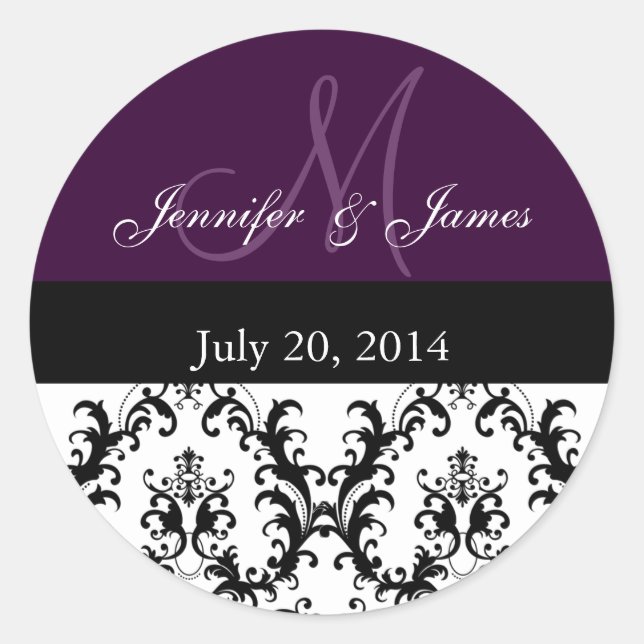 Purple Monogram Damask for Weddings Stickers (Front)