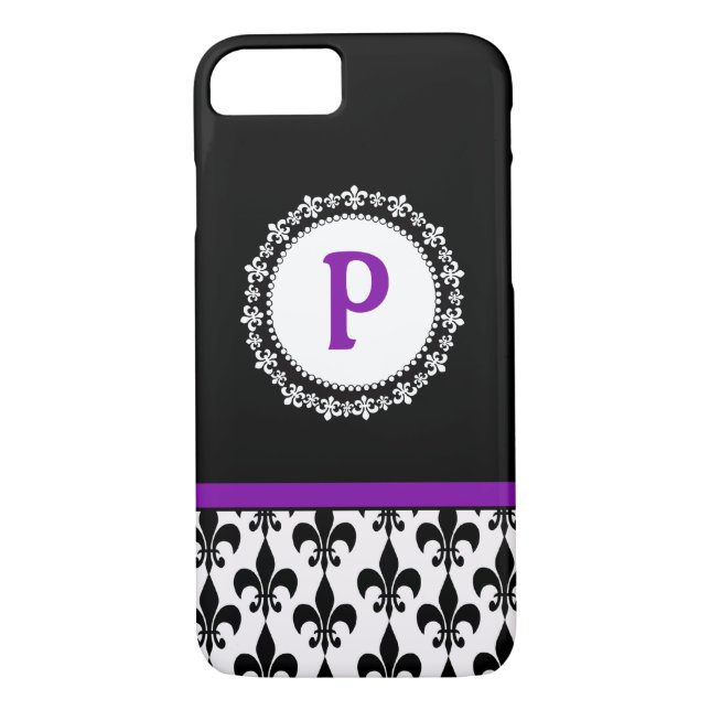 Purple Monogram Fleur de Lis Pattern Case-Mate iPhone Case (Back)