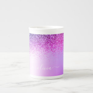 Purple Monogram Glitter Sparkle Girly Script Bone China Mug