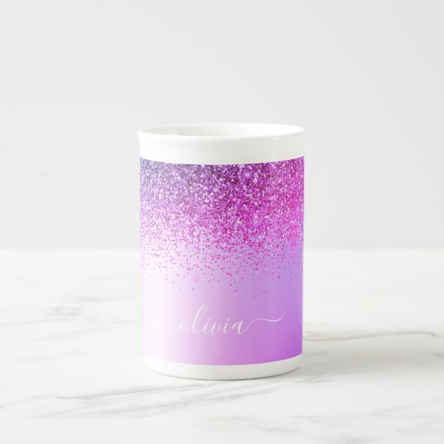 Purple Monogram Glitter Sparkle Girly Script Bone China Mug (Front)