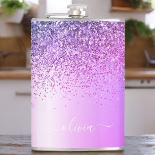 Purple Monogram Glitter Sparkle Girly Script Hip Flask