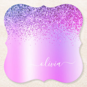 Purple Monogram Glitter Sparkle Girly Script Paper Coaster