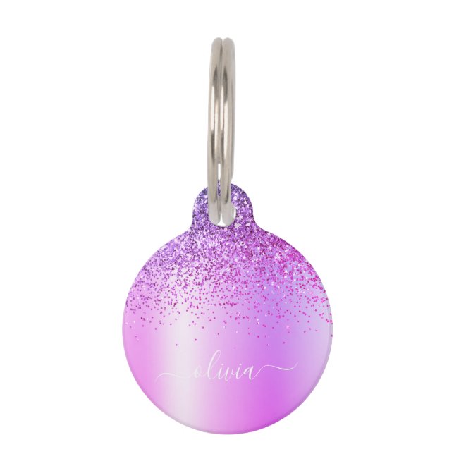 Purple Monogram Glitter Sparkle Girly Script Pet Tag (Front)