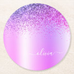 Purple Monogram Glitter Sparkle Girly Script Round Paper Coaster<br><div class="desc">Purple Faux Foil Metallic Sparkle Glitter Brushed Metal Monogram Name Paper Coasters. This makes the perfect graduation,  birthday,  wedding,  bridal shower,  anniversary,  baby shower or bachelorette party gift for someone that loves glam luxury and chic styles.</div>