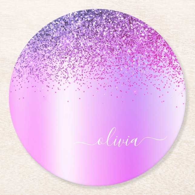 Purple Monogram Glitter Sparkle Girly Script Round Paper Coaster (Front)