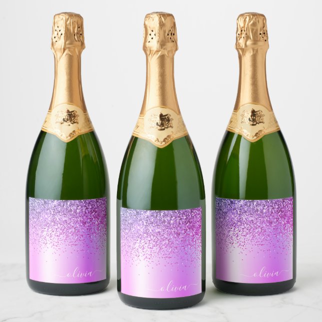 Purple Monogram Glitter Sparkle Girly Script Sparkling Wine Label (Bottles)