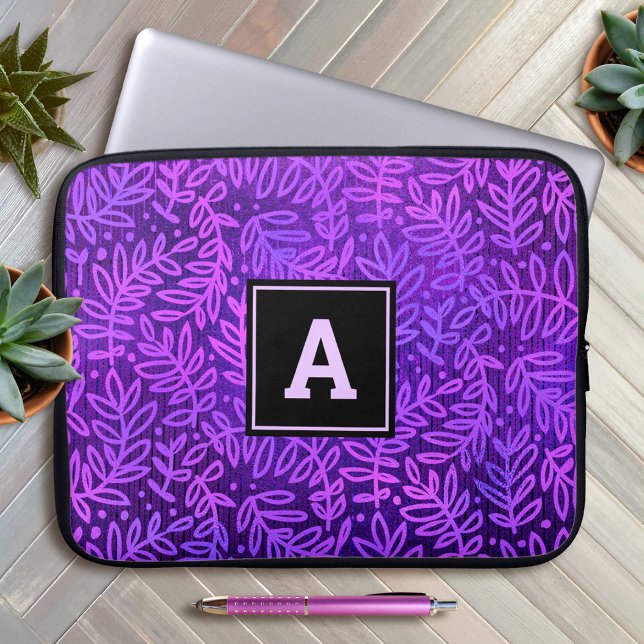 Purple monogram leaf pattern bold typography chic laptop sleeve (Creator Uploaded)