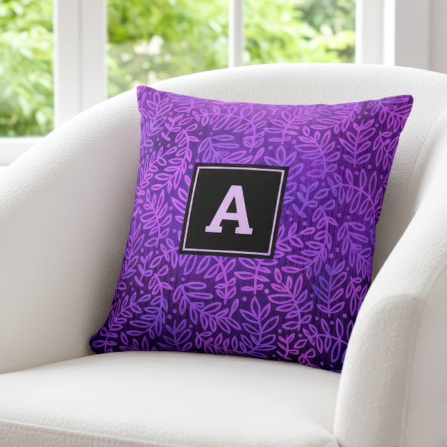 Purple monogram leaf pattern foliage modern bold throw pillow (Creator Uploaded)