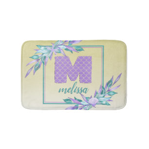 Purple Monogram Mermaid Scales Watercolor Ombre Bath Mat