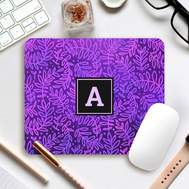 Purple monogram modern foliage leaves pattern mouse pad (Creator Uploaded)
