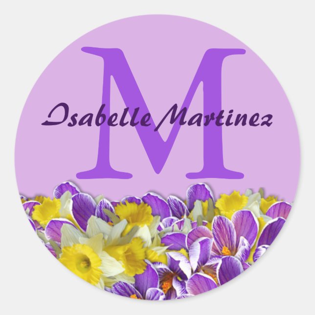 Purple Monogram Name Sticker with Spring Flowers (Front)
