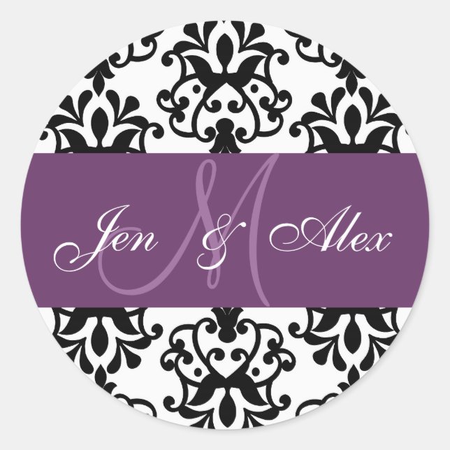 Purple Monogram Names Damask Wedding Seal (Front)