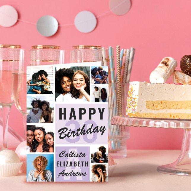 Purple Monogram Photo Collage Happy Birthday Card (Creator Uploaded)