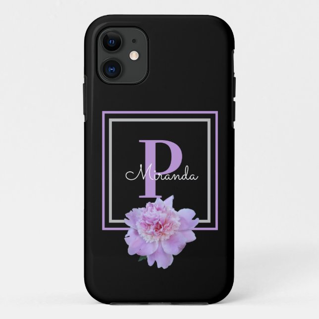Purple Monogram Pink Peony Flower Black Case-Mate iPhone Case (Back)