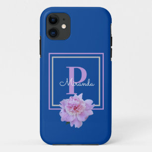 Purple Monogram Pink Peony Flower Blue iPhone 11 Case