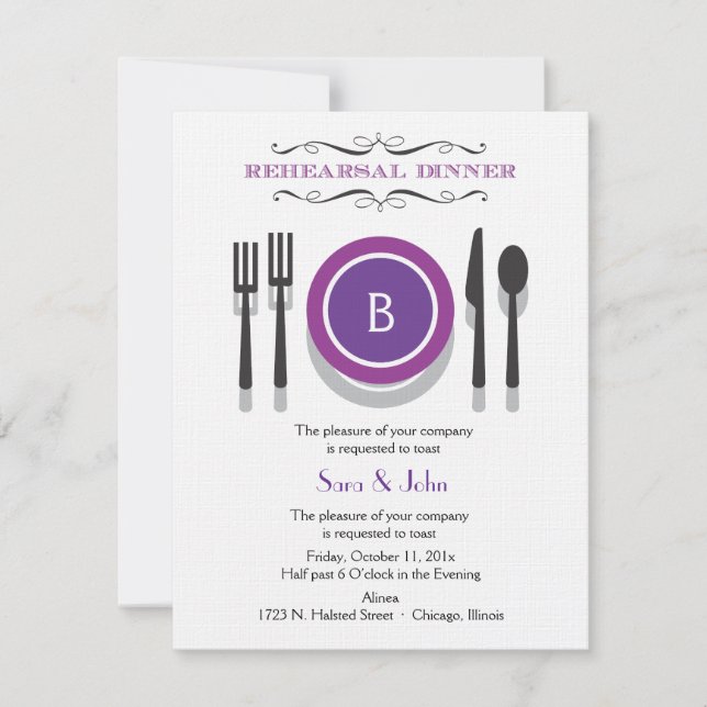 Purple Monogram Rehearsal Dinner Invitation (Front)