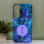 Purple Monogram Stylish Blue Abstract Template Samsung Galaxy Case<br><div class="desc">Shimmering shades of blue,  minimal purple and black background set off the purple initial letter monogram that you easily personalize. Personalize it by adding a first or last name initial in the text template field.</div>