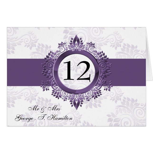 purple monogram table seating card (Front Horizontal)