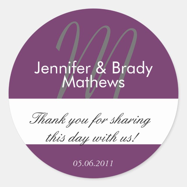 Purple Monogram Thank You Wedding Favour Stickers (Front)